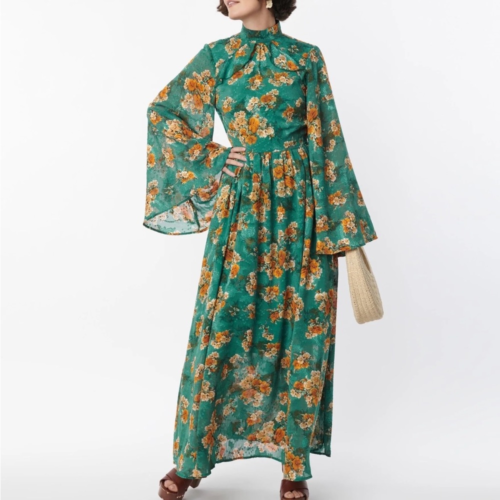 Unique Vintage 1970s style floral bell sleeve maxi dress